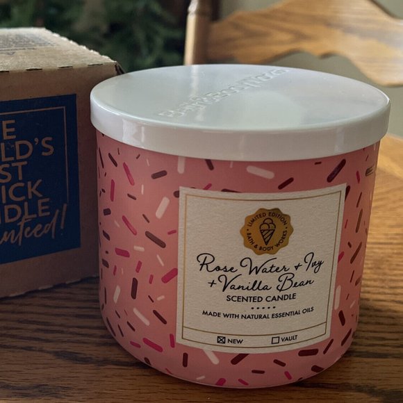 BATH & BODY WORKS ROSE WATER & IVY + VANILLA BEAN 3-WICK CANDLE 14.5 oz NEW RARE - Picture 2 of 5